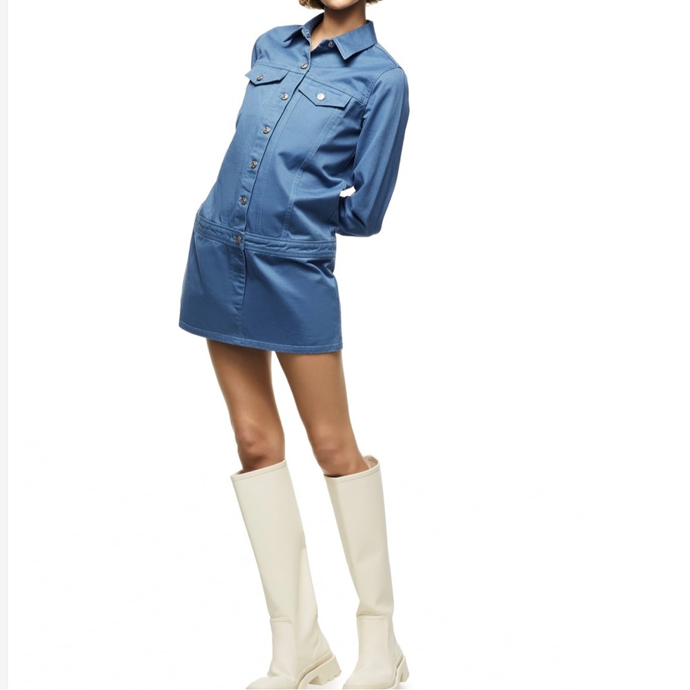 Zara Denim Mini Dress Long Sleeve Silver Button Front Blue Women’s Size Medium
